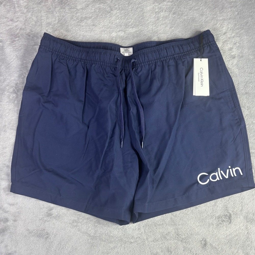 Calvin Klein Swim Trunks Men XXL Navy Blue Logo Graphic UPF 40+ CB3DP009 NWT